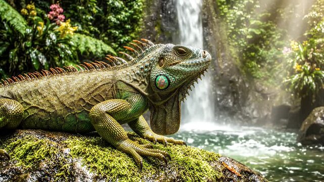 Green Iguana Resting Near Waterfall in Lush Jungle - A detailed close-up of a green iguana perched on a moss-covered rock, with a vibrant waterfall and dense jungle foliage in the background.