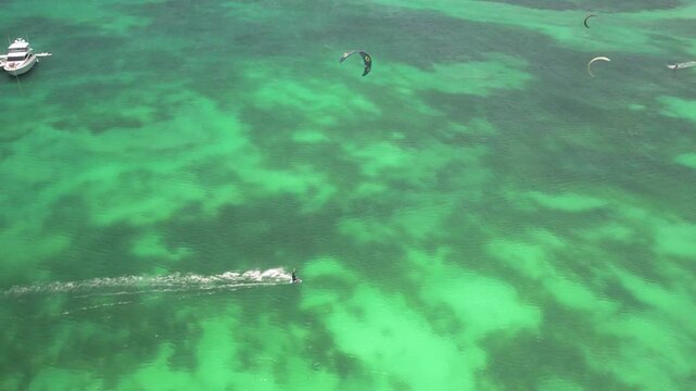 Aerial view of kite surfer in Los Roques archipelago, Venezuela.