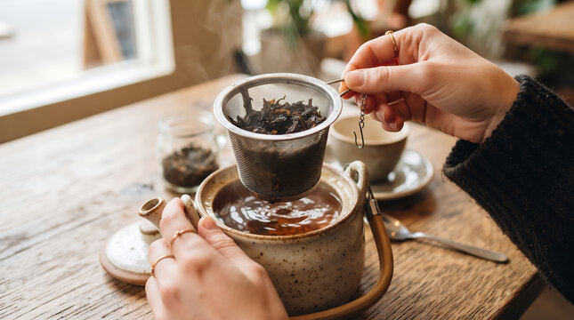 woman hands holding mesh infuser strainer lifting loose leaf tea from ceramic teapot brewing warm herbal drink on rustic wooden table close up