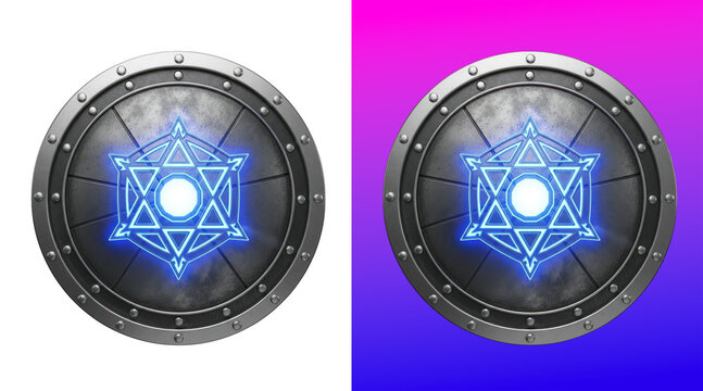 Futuristic shield with glowing geometric emblem digital art