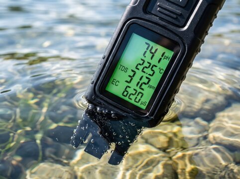 Digital water quality meter submerged in clear outdoor lake water, measuring pH, temperature, TDS, and electrical conductivity for environmental monitoring.
