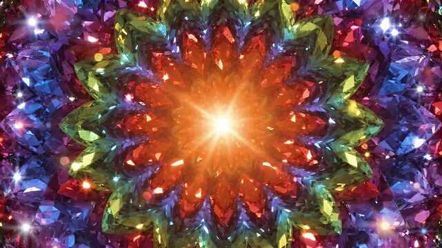 Vibrant Gemstone Kaleidoscope Abstract Background - A dazzling abstract pattern resembling a kaleidoscope, filled with faceted gemstones in a vibrant array of colors.