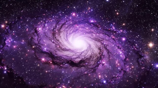 Swirling Purple Nebula Galaxy - A vibrant purple nebula swirls with stars in a cosmic display. The center of the video features a bright, glowing vortex surrounded by interstellar dust clouds and