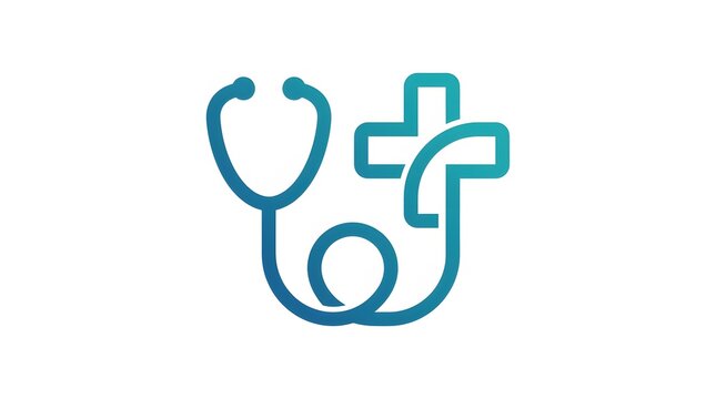 Clean healthcare logo combining a stethoscope and medical cross, representing healthcare services, medical care, clinics, hospitals, and professional medicine.