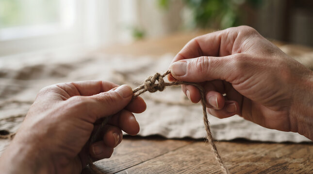 hands untying tight knot in rustic jute string cord unraveling problem solving resolution complications relief therapy concept close up