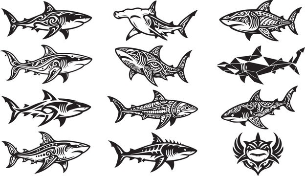 Set of shark silhouettes with tribal and geometric patterns, black and white isolated on a white background for