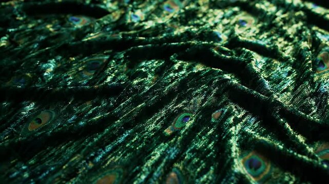 Close-up of Textured Emerald Green Fabric with Peacock Feather Pattern - A detailed, macro view of a rich, emerald green fabric with a luxurious texture.