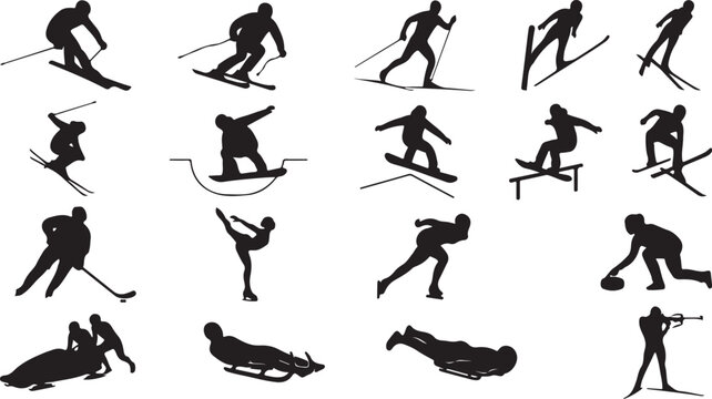Silhouettes of winter sports athletes including skiing, snowboarding, ice hockey, and bobsledding, isolated on a white background set