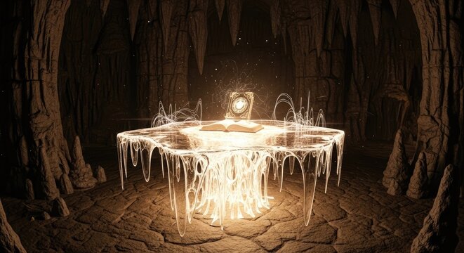 Glowing magical pedestal inside a dark cavernous stone cave.