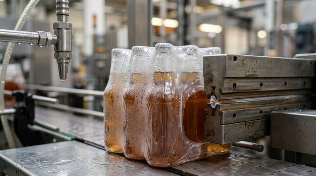 Shrink-wrapped multipack of water bottles with condensation beside heat-seal jaw and filling nozzle, closeup