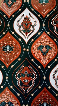 Traditional Indonesian batik pattern with orange and green ornamental design