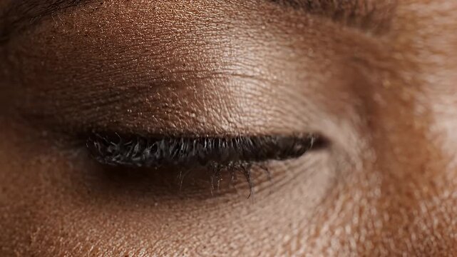Extreme Close-up of Closed Eyelid and Eyelashes - An extreme close-up shot focuses on a closed human eye, revealing the intricate texture of the skin and dark, defined eyelashes.