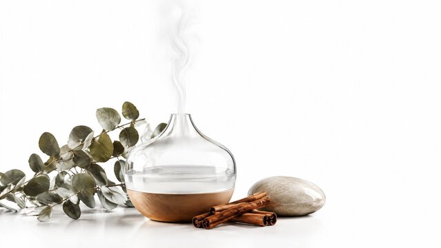 Glass essential oil diffuser emitting steam with dried botanicals and smooth river stones on neutral background