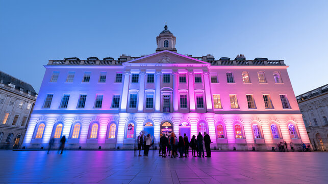 Stunning Architectural Building Illuminated with Vibrant Pink and Blue Lights During the Lumiere Festival Celebrations at Twilight