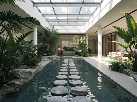 Generative AI illustration of an elegant indoor tropical garden with a water feature