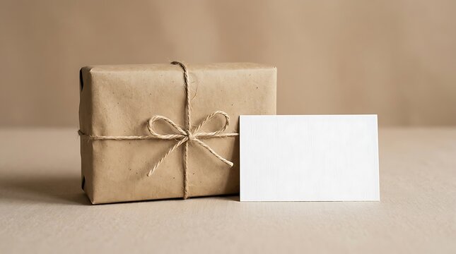 Minimalist kraft paper gift box with blank white greeting card.