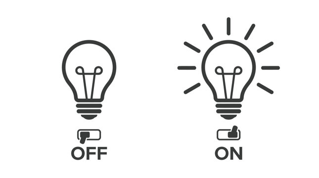 Minimalist vector illustration of light bulb icons showing toggle switch settings for on and off status
