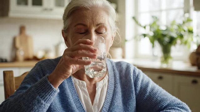 Elderly Woman Drinking Water From Glass - A close-up shot of an elderly woman with gray hair drinking water from a glass with her eyes closed. She is wearing a blue cardigan over a white shirt.
