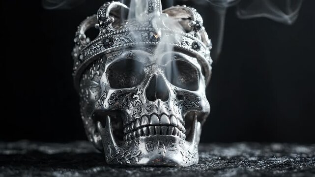 Ornate Silver Skull with Crown and Smoke - A detailed, ornate silver skull wearing a jeweled crown with smoke emerging from its eye sockets.