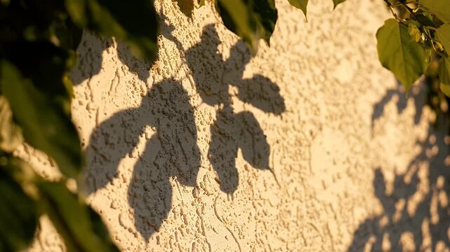 Leaf Shadows on Textured Wall in Sunlight - The dappled sunlight casts intricate shadows of green leaves onto a rough, textured wall.