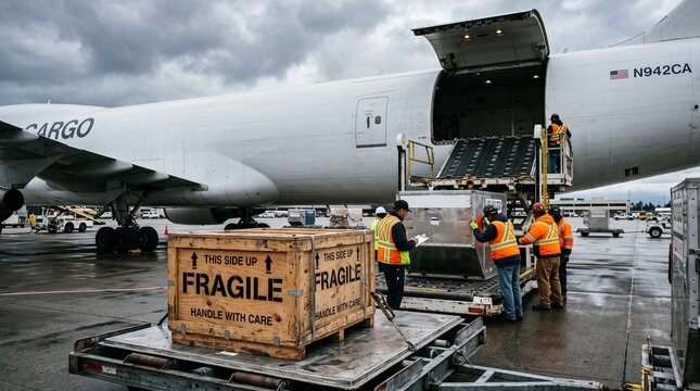Cargo workers loading wooden boxes marked fragile into a large freight airplane on an airport tarmac