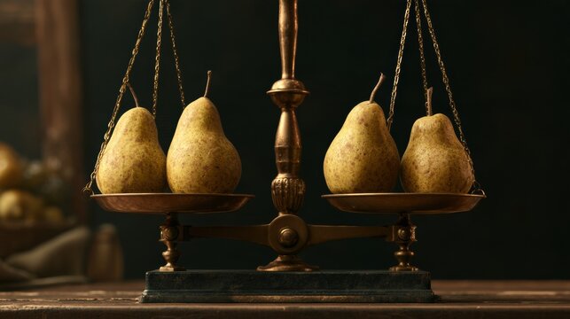 A vintage weighing scale features Bosc pears balanced on one side.