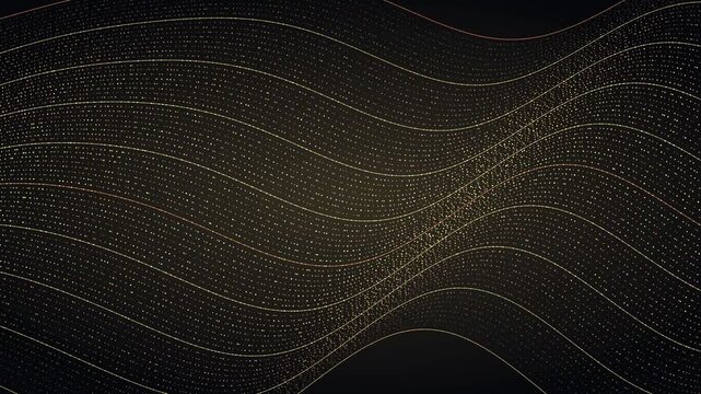 Abstract animation featuring dark, flowing waves composed of golden particles and fine threads. A premium particle fabric texture ideal for luxury backgrounds or tech visualizations.
