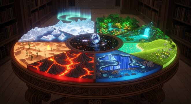 Fantasy elemental table featuring diverse biomes and landscape maps.