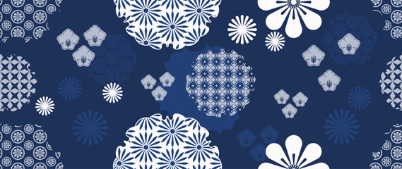 Fototapeta na wymiar Japanese seamless floral pattern vector with blue and white decorative flowers. Traditional Asian botanical ornament background for textile, fabric, wallpaper and wrapping paper