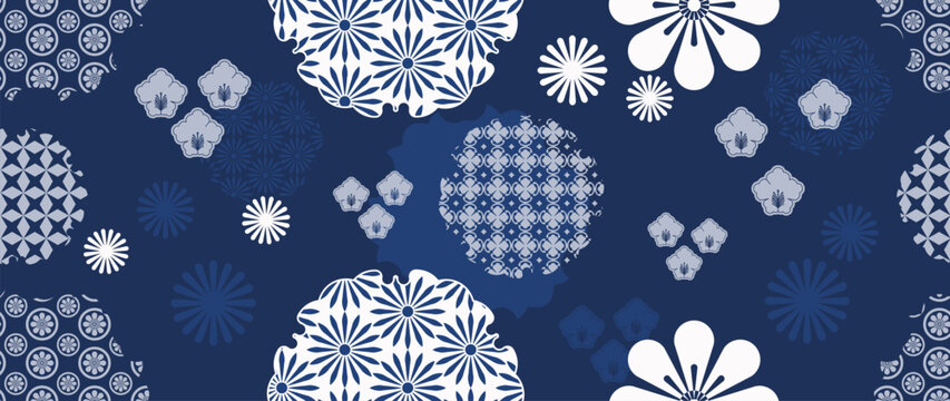 Japanese seamless floral pattern vector with blue and white decorative flowers. Traditional Asian botanical ornament background for textile, fabric, wallpaper and wrapping paper