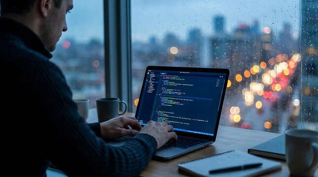 Man typing code on a laptop near a rainy window at night