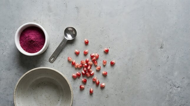 Top view of pomegranate powder in a bowl with fresh arils and a measuring spoon on a gray textured background