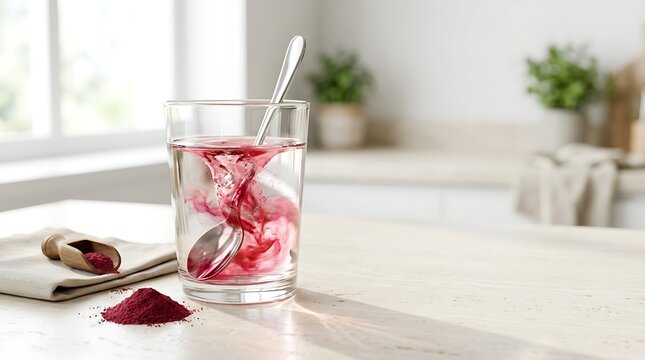 Pomegranate powder dissolved in water in a glass with a spoon on a kitchen counter, healthy drink concept