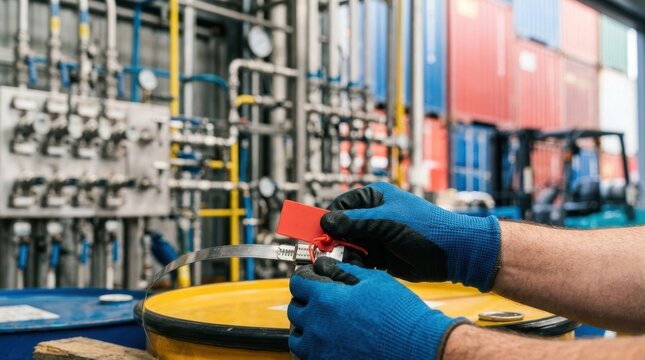 Gloved hands sealing a tamper-proof tag on chemical drum pallets amid valve manifolds and stainless pipework in an export warehouse