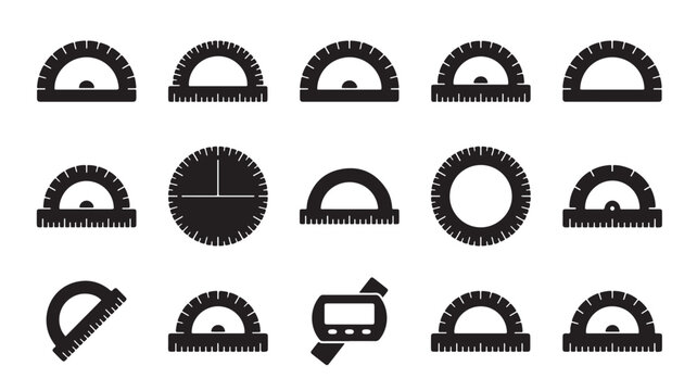 Minimalist protractor icon set, black silhouette measuring tools for geometry and drafting, 15 vector elements for engineering and school education