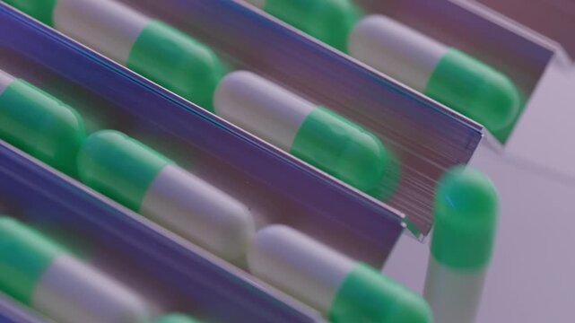 Green and white capsules sliding along stainless production line in pharmaceutical factory.