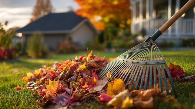 Metal garden rake gathering a pile of colorful autumn leaves on a sunny residential lawn, with a blurred house and trees in the background. Seasonal yard care and fall cleanup concept.