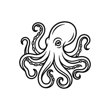 Minimalist hand drawn octopus logo with swirling tentacles for seafood restaurant branding or marine ocean themed design