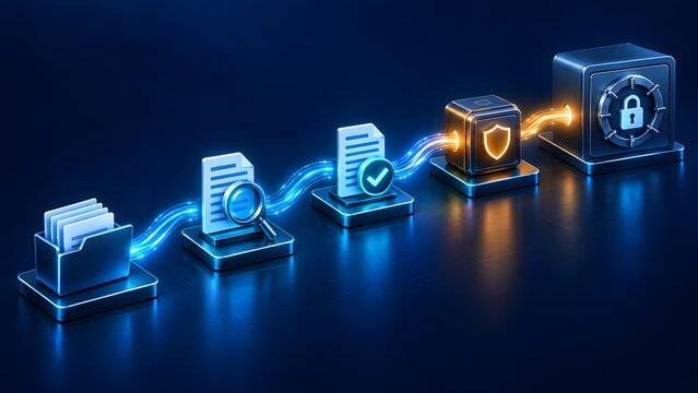 Digital data security workflow from document verification and encryption to secure vault storage