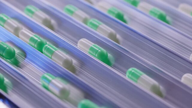 Slow motion green and white capsules moving along angled stainless conveyor in pharmaceutical production facility with motion blur.