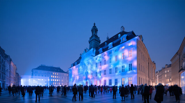 Spectacular Light Projections Illuminating a Historic Building During the Annual Lumiere Festival at Twilight with a Large Crowd of Visitors