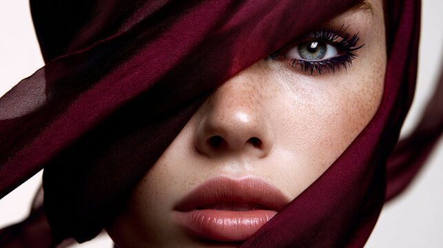 Beauty fashion portrait of woman in burgundy scarf for a high fashion beauty concept, capturing female face with freckles and intense blue eye behind sheer fabric.
