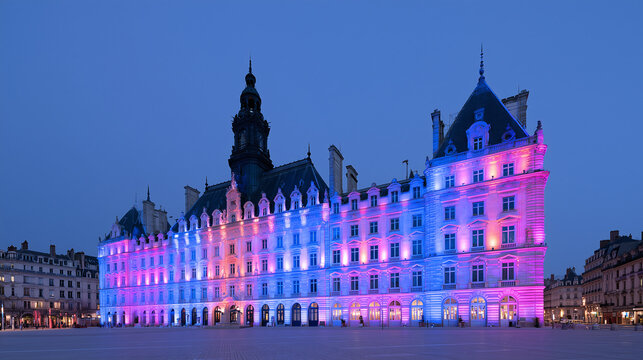 Majestic Historic Building Facade Illuminated With Vibrant Colors During The Annual Lumiere Festival In A Charming European City Square At Nighttime