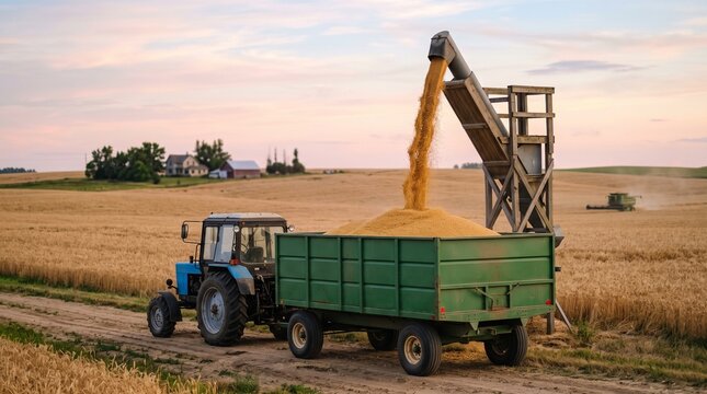 A combine harvester loading golden grain into a green tractor trailer in a sunny field.