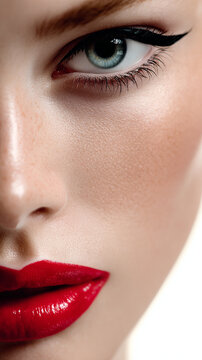 Close up beauty portrait of woman with cat eyeliner for a bold eye makeup cosmetics concept, capturing female face with striking blue eye and nude lips on white background.