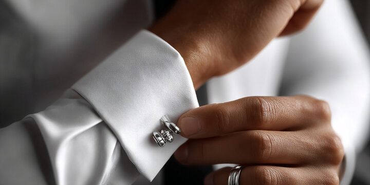 Close up of groom adjusting cufflink on white shirt for an elegant luxury menswear wedding concept, capturing businessman hands fastening silver sleeve link on french cuff.