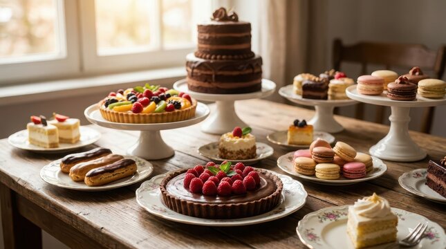 Assorted Gourmet Desserts Displayed On Rustic Wooden Table