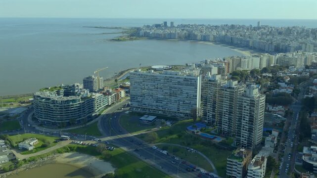Aerial view of Edificio Panamericano and Montevideo coastline, Uruguay.