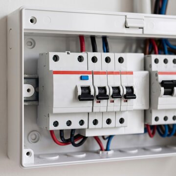 Close-up of an open electrical distribution board with automatic circuit breakers, switches, and colorful wires installed in a white residential consumer unit.