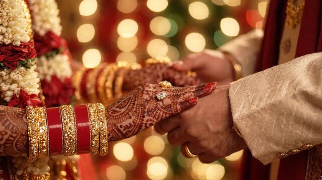 Indian wedding groom holding bride henna hands closeup, traditional red gold bangles flower garland warm amber bokeh background stock photo